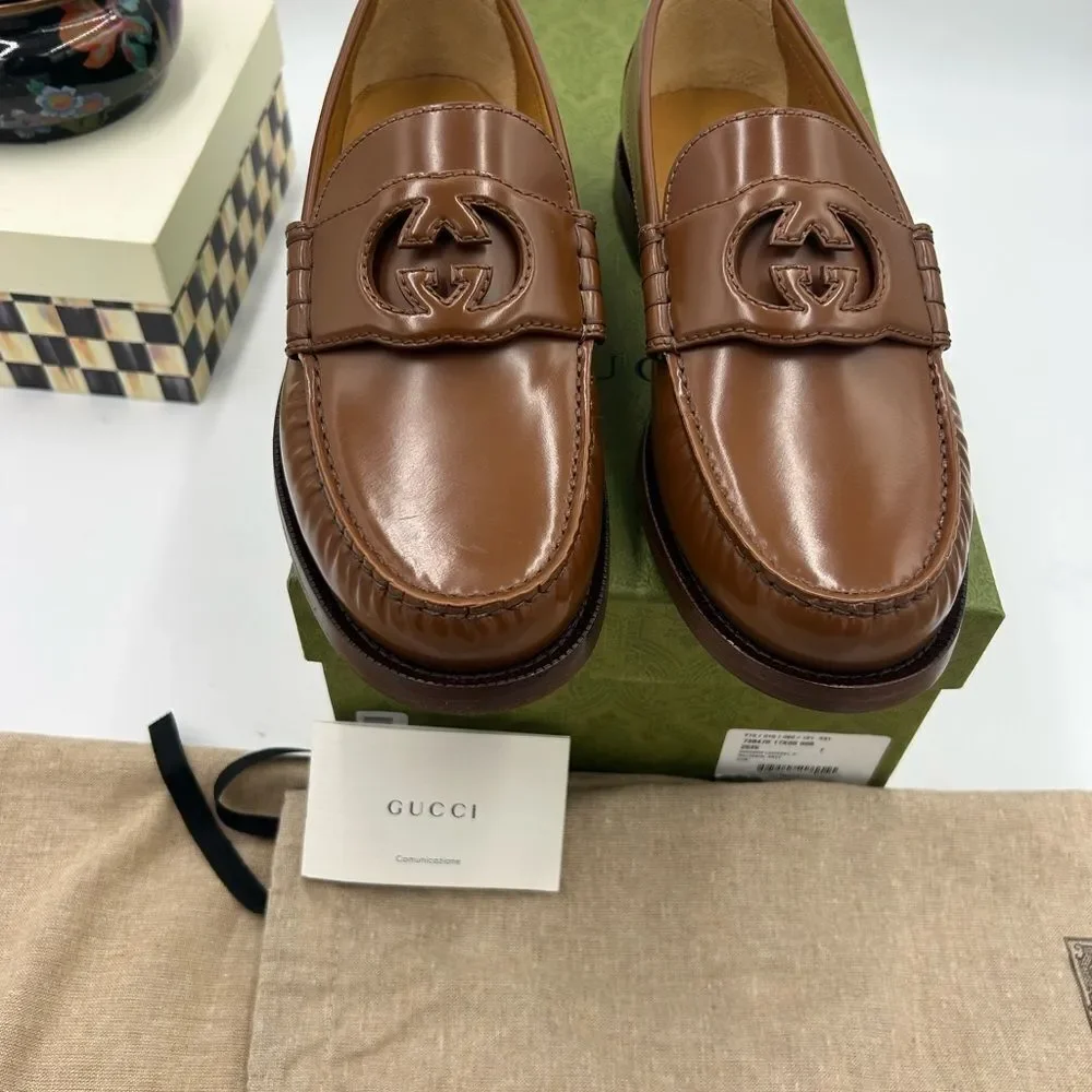 Men's Gucci interlocking G leather loafers size 7 fits eight US made in Italy